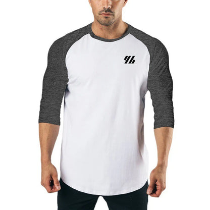 Men's Three Quarter Sleeves Cotton Slim Fit Shirts Fashion Color Contrast Sportswear Gym Bodybuilding Fitness Workout T-Shirts