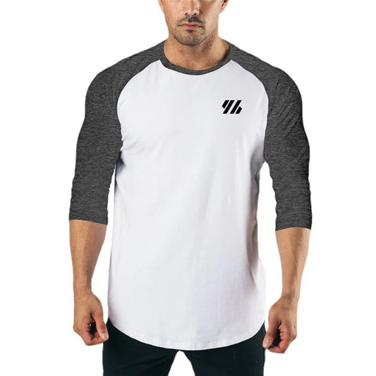 Men's Three Quarter Sleeves Cotton Slim Fit Shirts Fashion Color Contrast Sportswear Gym Bodybuilding Fitness Workout T-Shirts