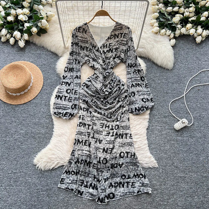 Chic vintage long sleeve Criss-Cross print pleated Elegant Fairy korean fashion dress women clothing Long dress Gray One Size