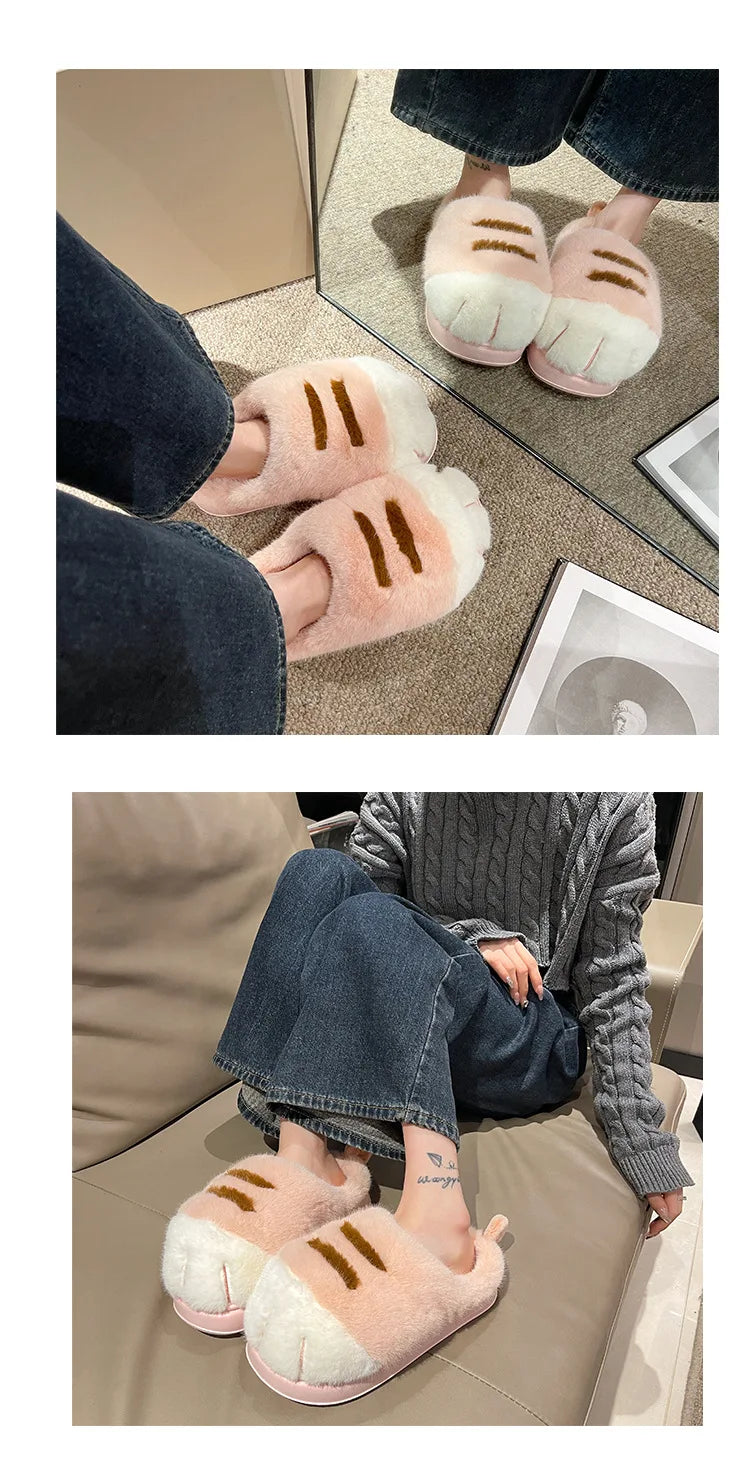 New Adorable Kitty Claw Slippers Women's Home Shoes Non Slip Furry Mules Female Fashion Warm Fluffy Slides Outdoor Cat Slippers Badiee Stylez