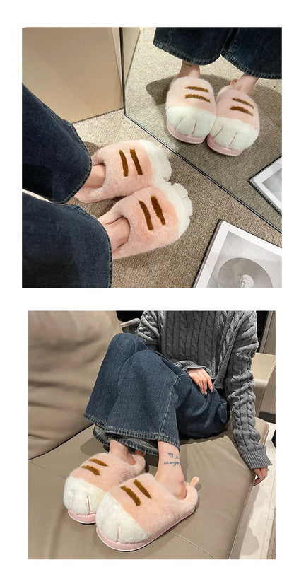 New Adorable Kitty Claw Slippers Women's Home Shoes Non Slip Furry Mules Female Fashion Warm Fluffy Slides Outdoor Cat Slippers Badiee Stylez