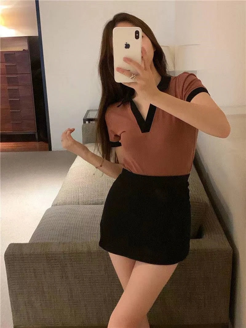 Summer Fashion Y2K T-shirt Woman Patchwork Polo Tee Shirt Femme Sexy OL Clothes Women Short Sleeve V-neck Tshirts Tops