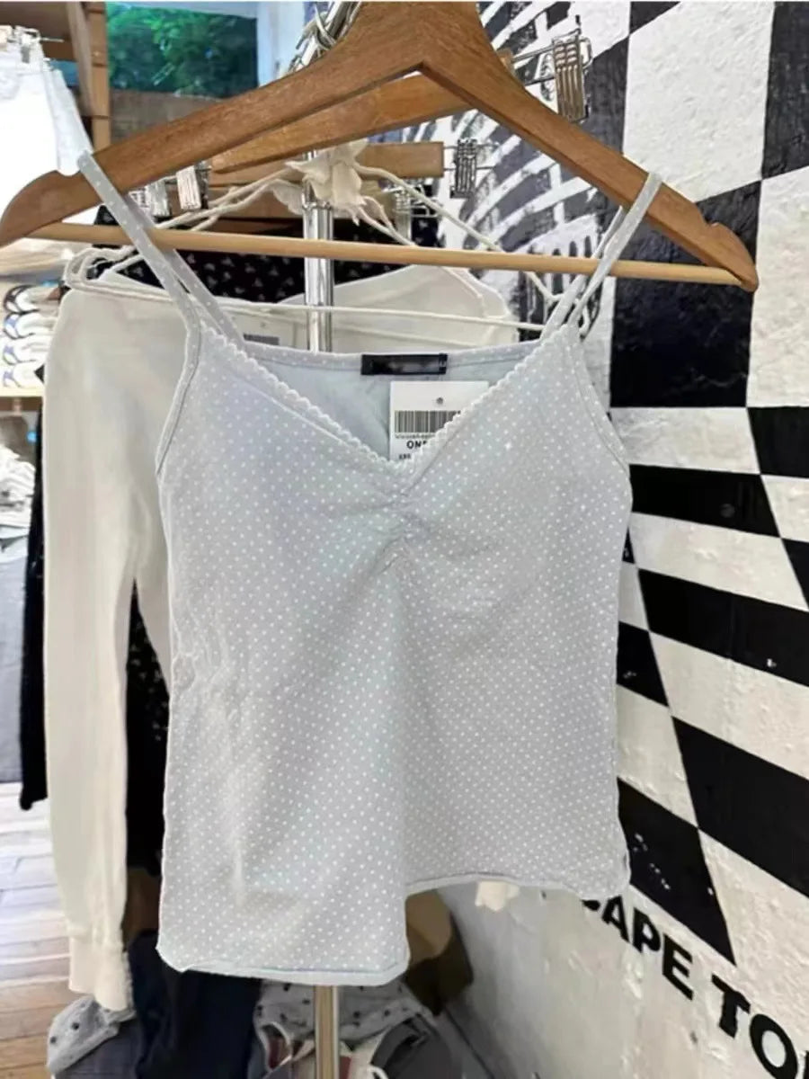 Floral Print Bow V Neck Camis Women Chic Lace Trim Sleeveless Slim Crop Tops Vest Sweet Casual Fashion Raw Hem Tank Top Y2k New Light Blue One Size