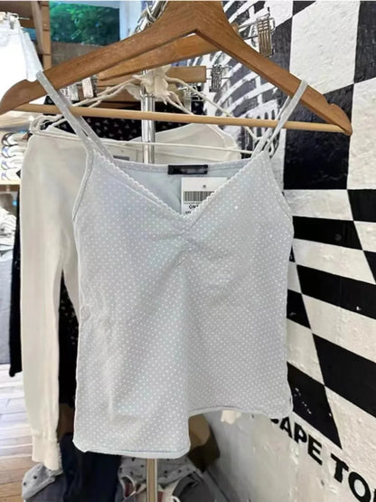 Floral Print Bow V Neck Camis Women Chic Lace Trim Sleeveless Slim Crop Tops Vest Sweet Casual Fashion Raw Hem Tank Top Y2k New Light Blue One Size