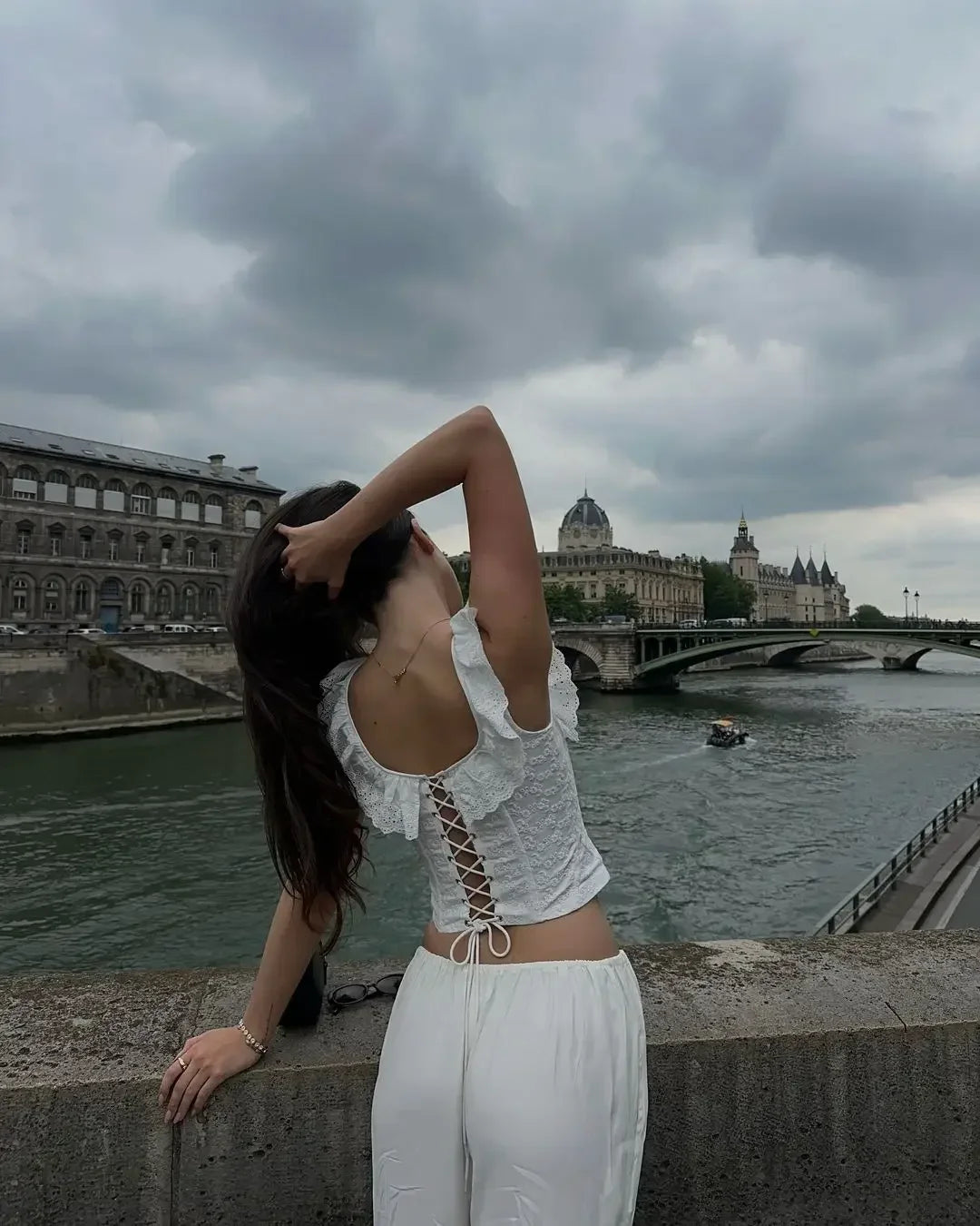 OIINAA Crop Top Women Slash Neck Ruffled Slim Y2k Tops Backless Cross Lace Up White Tank Top Summer 2025 Spice Girls Sexy Tops