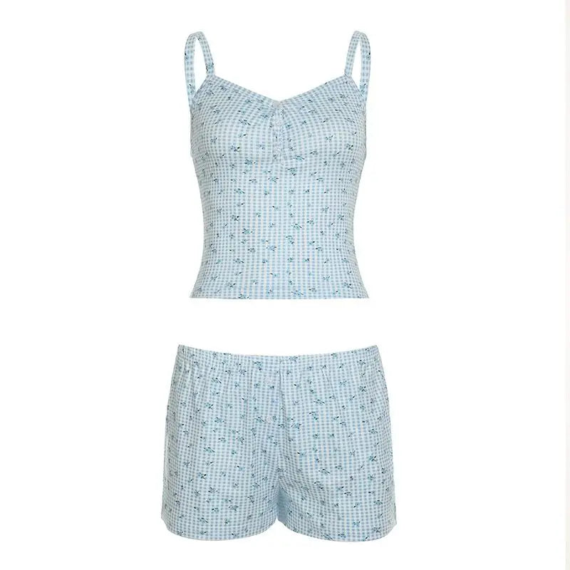 Combhasaki Women Summer Y2K 2Piece Pajamas Loungewear Set Plaid Floral Print Button Camisole Crop Tops +Elastic Low Waist Shorts Blue