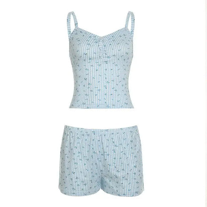 Combhasaki Women Summer Y2K 2Piece Pajamas Loungewear Set Plaid Floral Print Button Camisole Crop Tops +Elastic Low Waist Shorts Blue