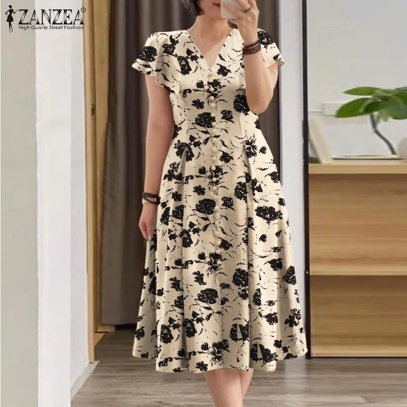 ZANZEA Woman Summer Dresses Ruffle Sleeve V-Neck Cinch Waist, Womens Elegant Floral Printing Party Commute A-Line Midi Sundress