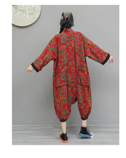 Artistic Large Floral Cotton Linen Chinese Style Button Embroidery Loose Casual Jumpsuit Women LX4344 Badiee Stylez