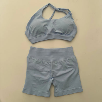 No Logo Yoga Asymmetric Gym Set Women Seamless Yoga Set Workout Shorts Sets Halter Sports Bra Scrunch Bum Shorts Fitness Clothes Badiee Stylez