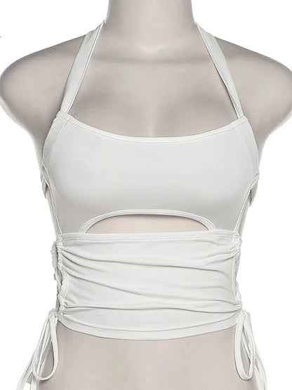 Y2K Sexy Backless Summer Crop Top Women Hollow Out White Sleeveless Bandage Halter Tank Tops Streetwear Cami 90s