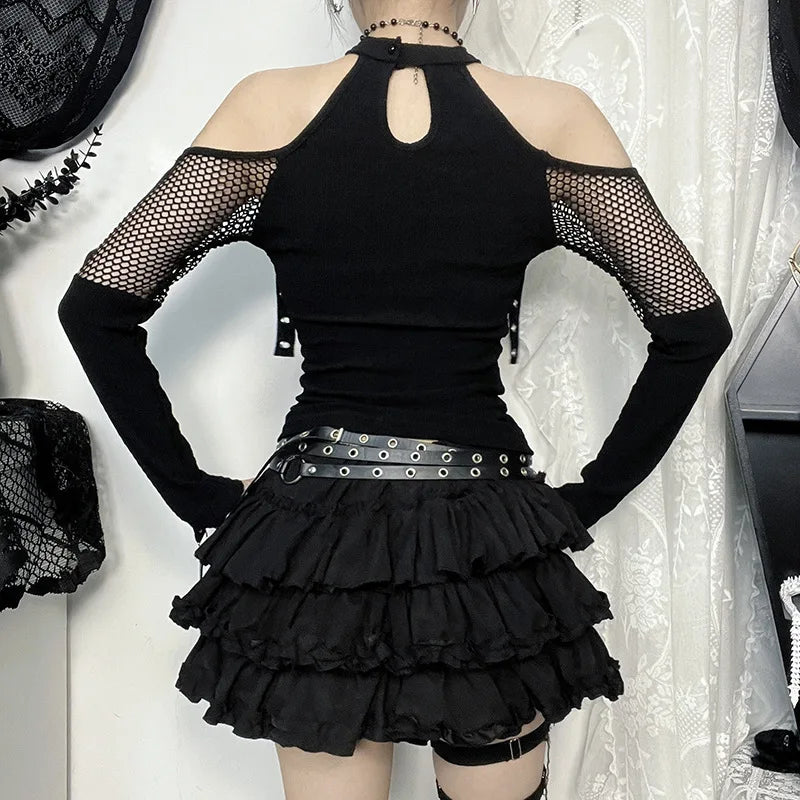 Goth Dark Punk Grunge Fishnet Patchwork Off Shoulder T-shirts Trim Corn Strap Halter Tops Autumn Mall Gothic Streetwear T-shirt