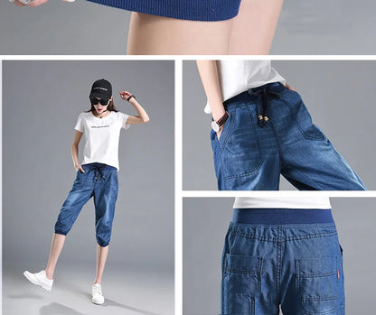 Summer Styles Loose Jeans For Women Calf-Length Harem Pants Elastic High Waist Thin Pants Fashion Jeans 4XL