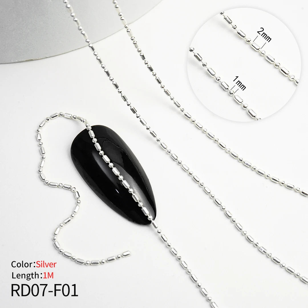 Nail Chain Rhinestone Beads Charms Gold Silver 3D Rhinestone Art Decoration Jewelry Parts Metal Steel Press on Nails Accessories RD07-F01(1m)silver