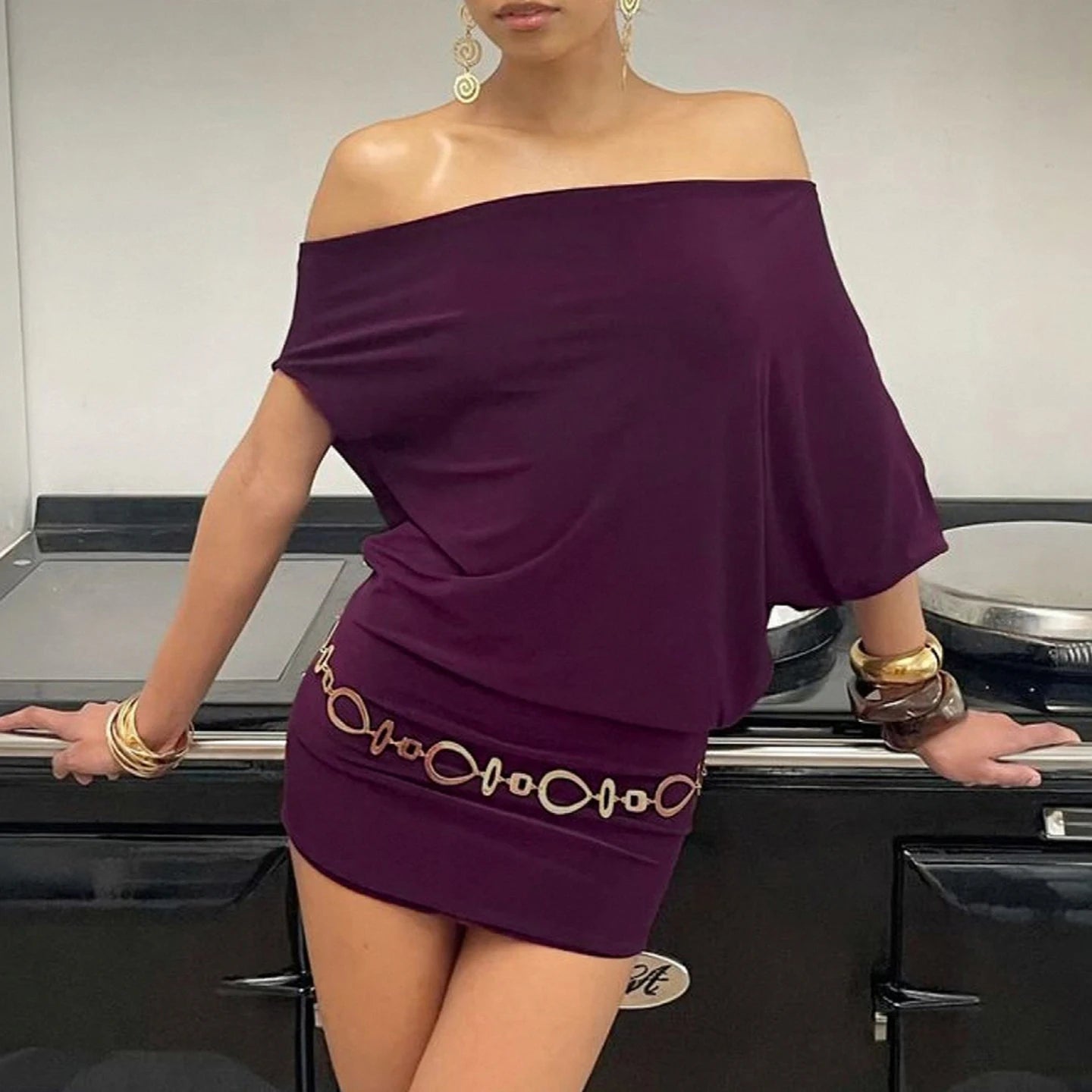 SUCHCUTE Bat Sleeve Wrap Dress Women One-Shoulder Solid Backless Bodycon Dress Evening Party Club Dress Y2K Sexy Outfits Summer