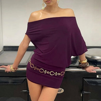 SUCHCUTE Bat Sleeve Wrap Dress Women One-Shoulder Solid Backless Bodycon Dress Evening Party Club Dress Y2K Sexy Outfits Summer