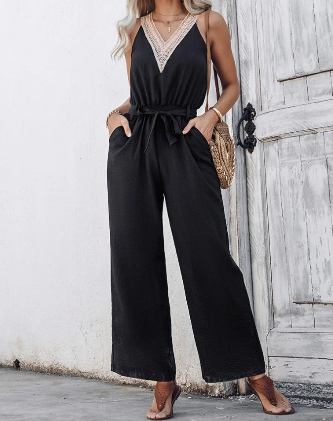 Women's Jumpsuit 2024 Summer Elegant Casual Striped Printed Spaghetti Strap Tie Details Mid Waisted Tight Fit Cropped Jumpsuit