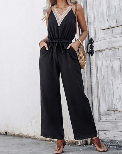 Women's Jumpsuit 2024 Summer Elegant Casual Striped Printed Spaghetti Strap Tie Details Mid Waisted Tight Fit Cropped Jumpsuit