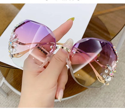 Women's New Diamond-encrusted Sunglasses Rimless Cut Edge Sunglasses Big Face Slimming Sunglasses
