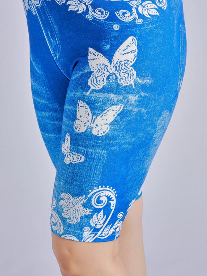 3 Piece Set Of Lmitation Denim Leggings For Women Butterfly Waist Fruit Flower Elastic Shorts High Waist Casual