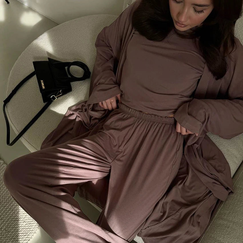 Hiloc Elegant Knit 3 Piece Sets Summer Casual Loose Sleepwear Street Chic Elastic Waist Pants Fashion Long Sleeve Shirts 2025