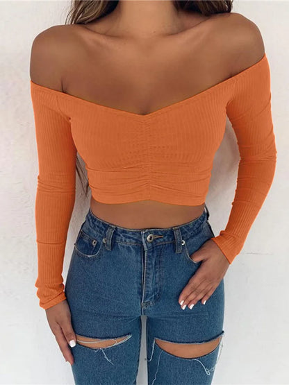 women T-shirts sexy and club fashion female T-shirt long sleeve off shoulder solid color lady Tshirt autumn basic tees Orange