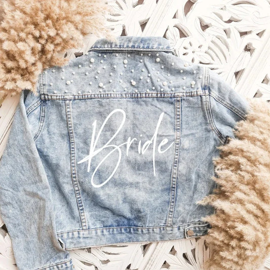 Bachelorette Jean Jackets Hen Party Gift Custom Bride Denim Jacket Pearl Mrs Outerwear Bridesmaid Personalised Coats Wedding Day light blue - BRIDE