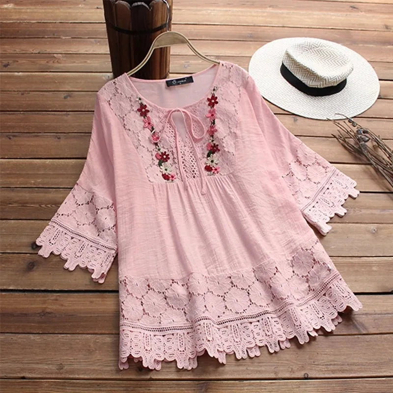 Summer Women Casual Solid Tops Shirt Cotton And Linen Stitching Lace Flower V-neck Loose Top Blouse New Elegant Holiday Shirts