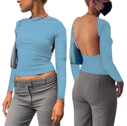 Backless Short Sleeve Blue Y2K Crop Top Women Casual O Neck Summer T Shirts Sexy Vintage Cut Out