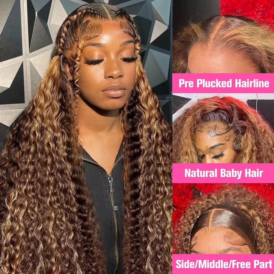 13x6 Highlight Wig Human Hair Deep Wave 40 Inch HD Lace Front Human Hair Wig 200 Density 4/27 Ombre Brown Blonde Lace Front Wigs