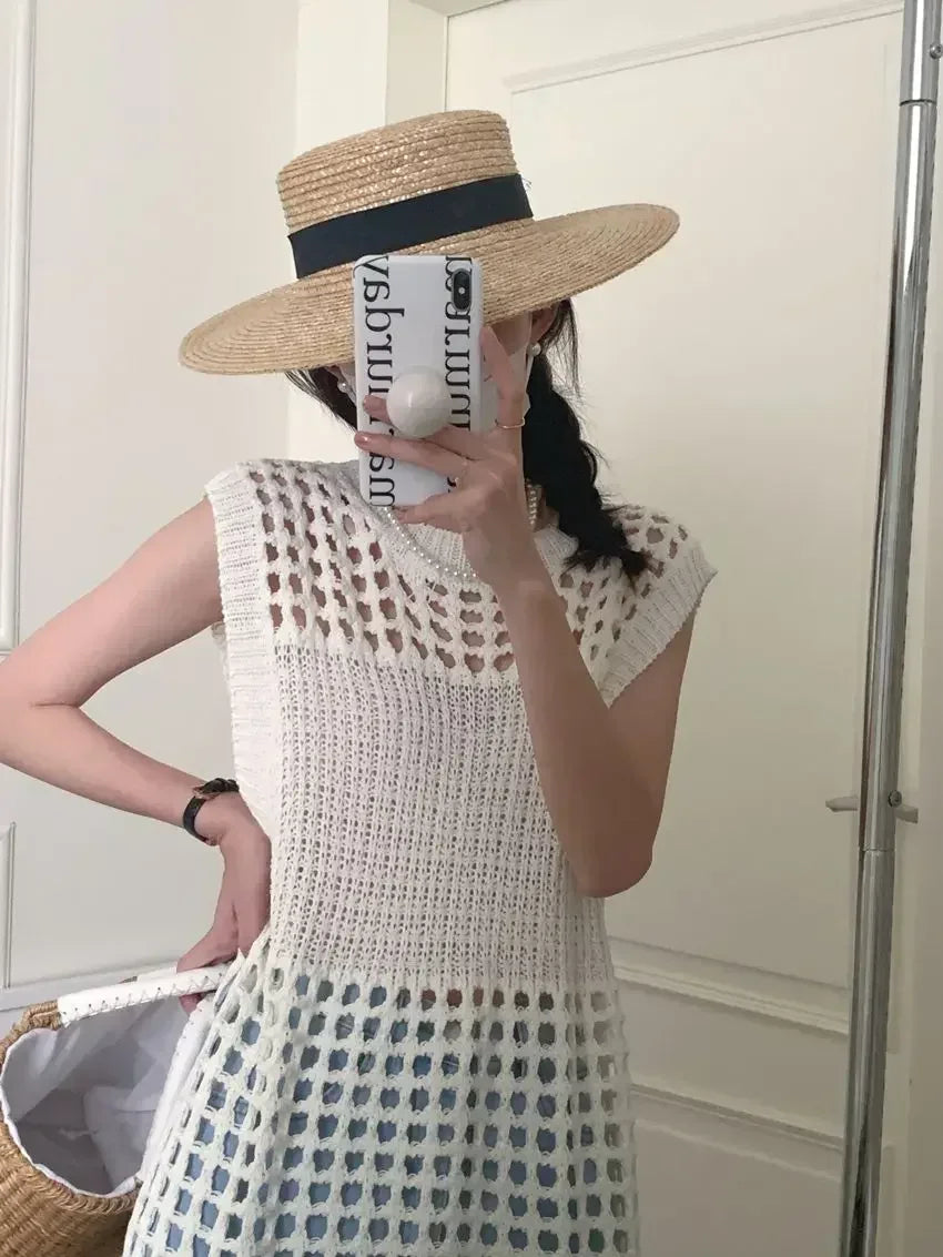 TKNOLEGE Knitted Dress Hollow French Style Fashion O-neck Out Design Sleeveless Solid Casual Tender Holiday Chic Ladies Dress ﻿