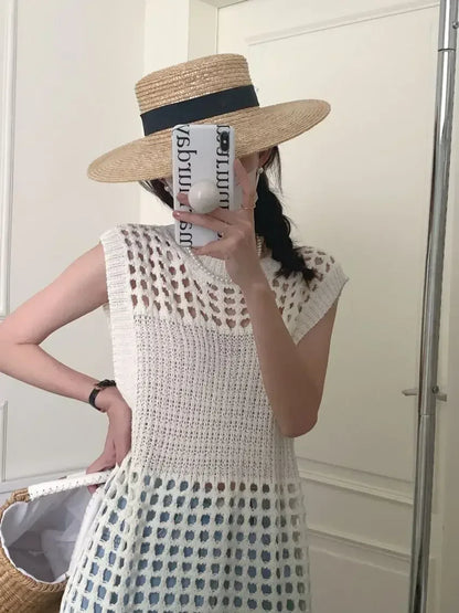 TKNOLEGE Knitted Dress Hollow French Style Fashion O-neck Out Design Sleeveless Solid Casual Tender Holiday Chic Ladies Dress ﻿