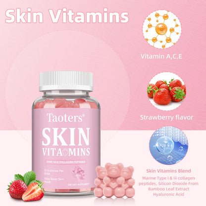 Skin Vitamin Gummies - Type I & III Collagen Peptides Vitamin A, C, E - Supports Skin Health,Anti Aging & Antioxidant
