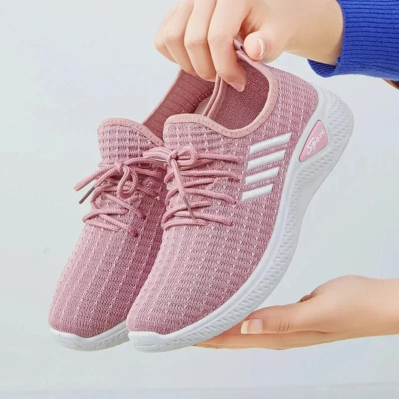 woman Mom Shoes Mesh Low-Top Running Student Shoes Trendy Shoes New Fly-Knit Sneakers Spring and Summer Soft Bottom Casualshoes Pink