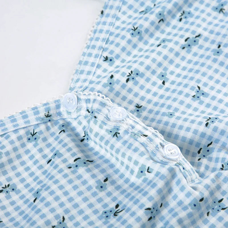 Combhasaki Women Summer Y2K 2Piece Pajamas Loungewear Set Plaid Floral Print Button Camisole Crop Tops +Elastic Low Waist Shorts