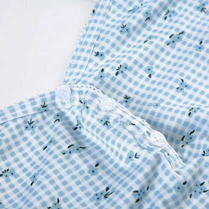 Combhasaki Women Summer Y2K 2Piece Pajamas Loungewear Set Plaid Floral Print Button Camisole Crop Tops +Elastic Low Waist Shorts