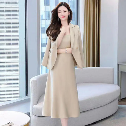 2Pcs/Set Summer Women Suit Dress Outfit Solid Color Mid-length Lady Dress Sets Light Luxury Commute Sling Dress Coat Set