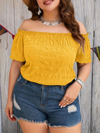 Plus Size Summer Women Elegant Off The Shoulder Dress Casual Fashion Solid Tops Office Lady Loose Curve Clothing Yellow
