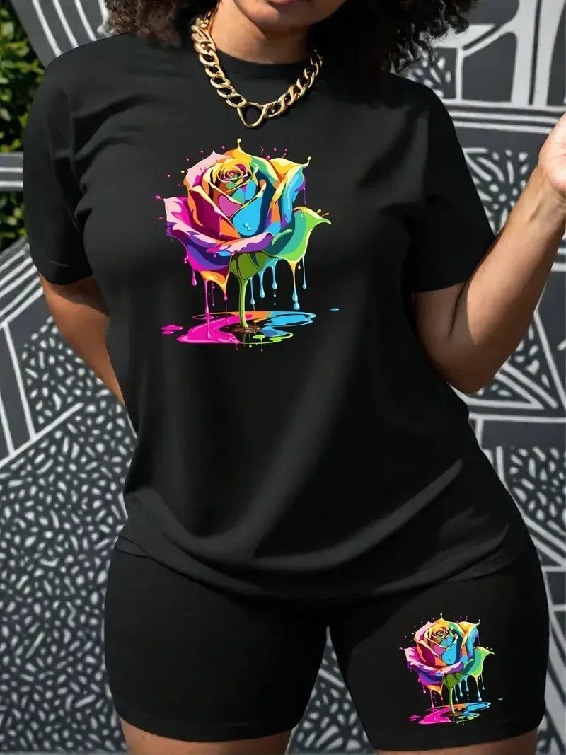 Women's summer Rose print loose size casual round neck short sleeved T-shirt shorts two-piece set Badiee Stylez