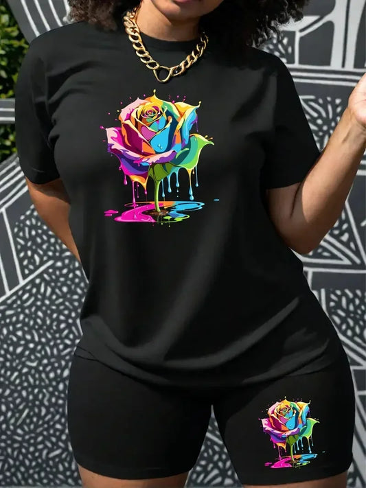 Women's summer Rose print loose size casual round neck short sleeved T-shirt shorts two-piece set Badiee Stylez