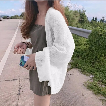 Knitted Cardigan for Women Summer Oversized Knit Loose Coat Sweater Korean Top Solid Cropped Cardigan Y2k Sweater Beach Blouses A One Size