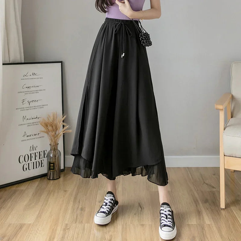 Women Pants Culottes Elastic Wide Leg Irregular Hem Double Layers Korean Trousers Summer Casual Loose Pleated Pants black