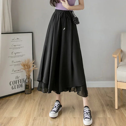 Women Pants Culottes Elastic Wide Leg Irregular Hem Double Layers Korean Trousers Summer Casual Loose Pleated Pants black