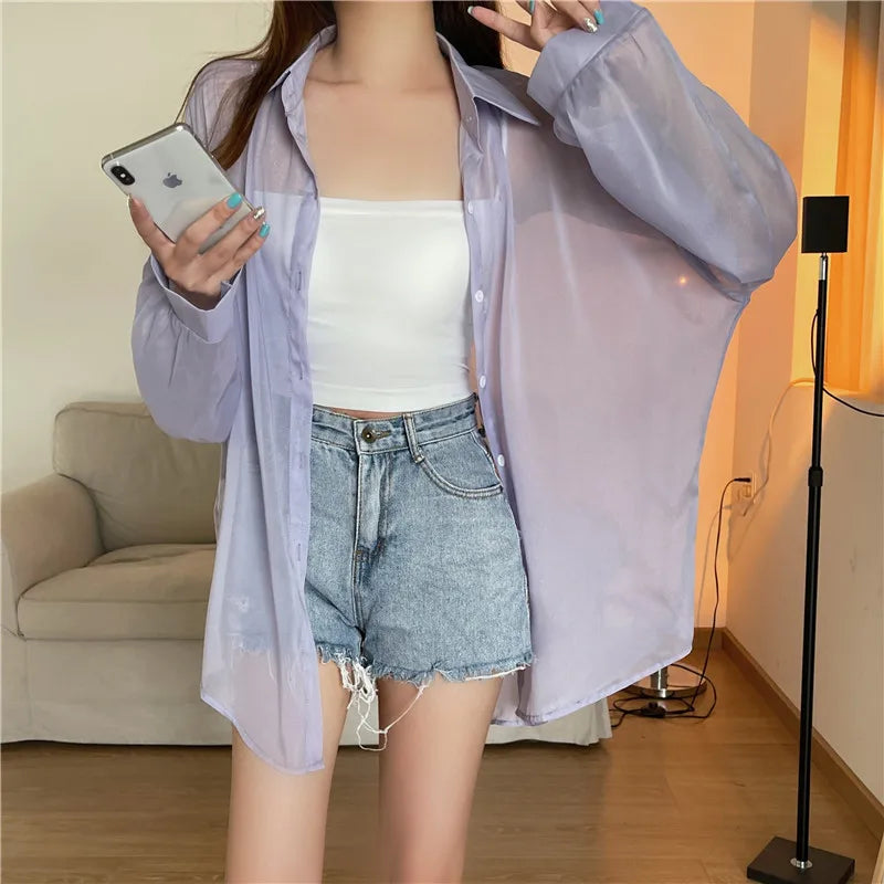 Semi Sheer Long Sleeve Shirt for Women Shimmer Button Down Collared Plain Lightweight Shirt Spring Summer Chic Tops Outfit