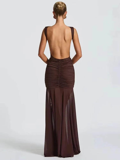 Mozision Metal Flower Backless Ruched Sexy Maxi Dress Women Gown Fashion Sleeveless Backless Bodycon Club Party Dress Elegant