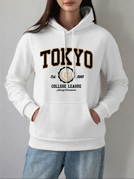 Tokyo College League Prints Hoodie Women Winter Fleece Warm Pullover Basics Pocket Sweatshirt Casual Comfortable Womans Clothes White
