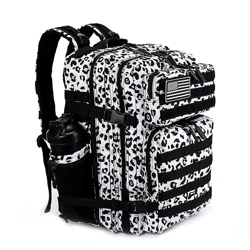LHI 45L Tactical Backpack for Men and Women Large Athlete Gym Bag Outdoor Sports Hiking Survival Rucksack with Bottle Holder Leopard