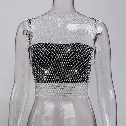 Sexy Diamonds Mesh Cropped Tank Top Women Summer Cover Up Bikini See Through Rhinestone Net Party Club Crop Top Dropshipping White-O-Neck-45CM One Size CHINA