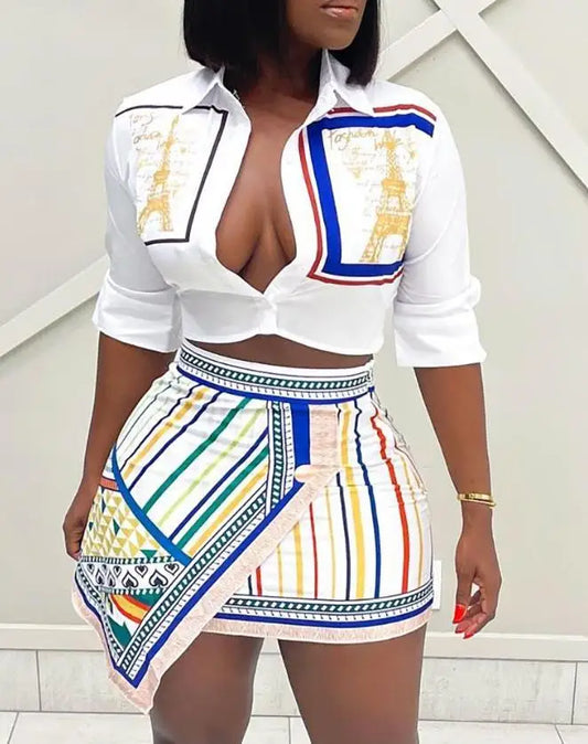 Two Piece Set Women Outfit 2024 Summer Fashion Graphic Print Buttoned Turn-Down Collar Shirt & Striped Asymmetrical Skirt Set A