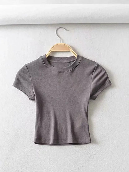 Summer Sexy Women O-neck Short-sleeve T-shirt Slim Elastic Skinny Crop Tops GRAY